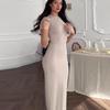 2024 Summer European & American Round Neck Slim Fit Long Dress - Solid Color Hot Girl Style