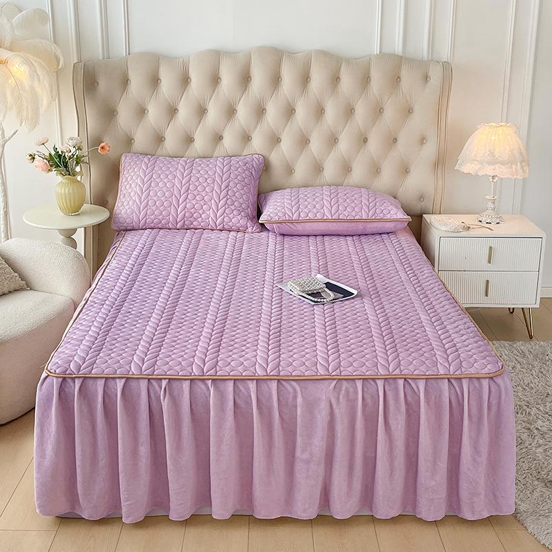 3-teiliges Luxus-Bettwäsche-Set, gesteppter Bettrand mit 2 Kissenbezügen, dicker warmer rutschfester Matratzenschoner, einfarbiges Bettlaken und Bettbezug