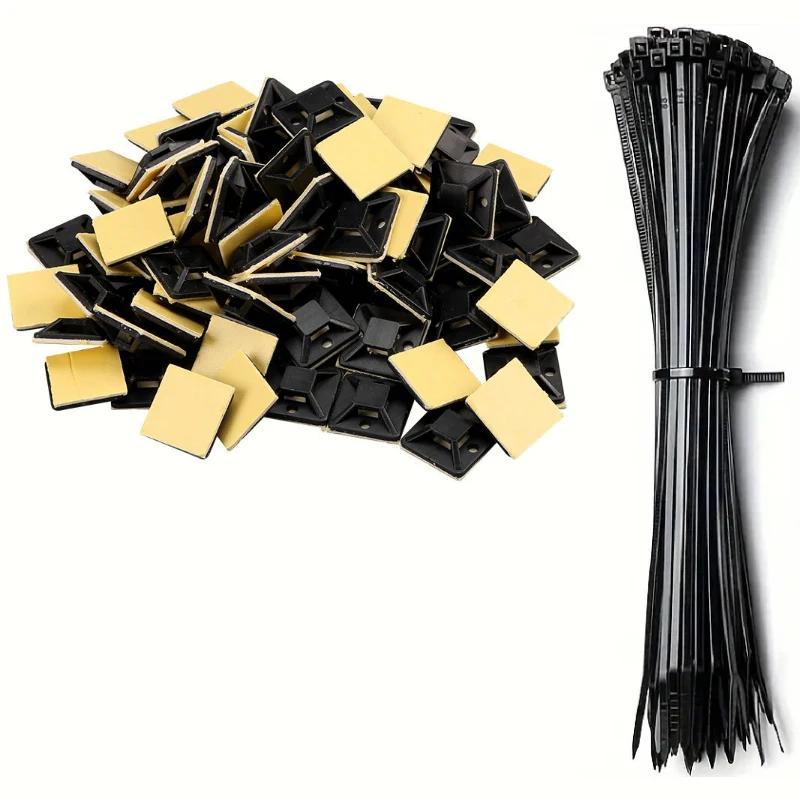200-Piece Zip Tie Bracket with Self-Adhesive Backing - Cable Management Clips and Wall Anchors for Secure Wire Fixation