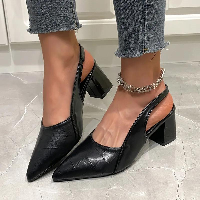 Fashion 2024 New Hot Selling Summer Women's Pointed Toe High Heels Medium Thick Heel Sandals Summer New Women's Single Shoes Zapatos