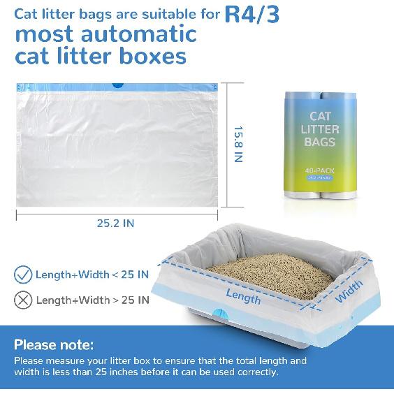 40 Pack Heavy-Duty Cat Litter Box Liners,For R4/3 and most Automatic Self-Cleaning Litter Boxes,Thick Leakproof Drawstring Cat Litter Bags (25.2" x