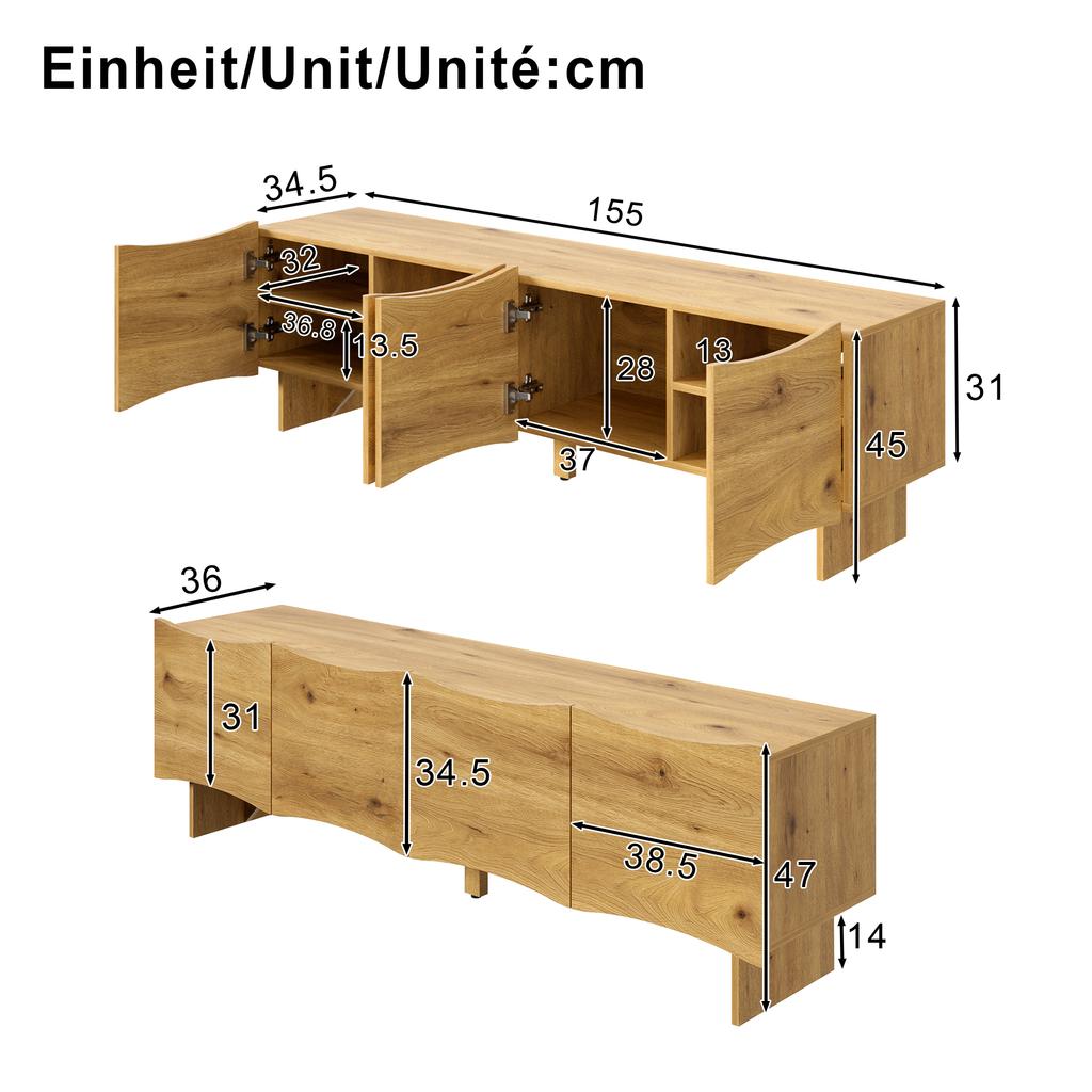 Modern TV cabinet with wave pattern – 155 cm media console with storage space, four doors and cable grommets in wood look, for the living room