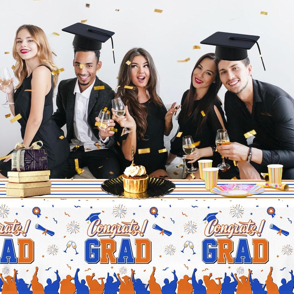 CMUSKO Graduation Tablecloth, 3Pcs Orange and Blue Graduation Decorations Rectangular Tablecloth, Congrats Grad Table Cover Decorations for Class of