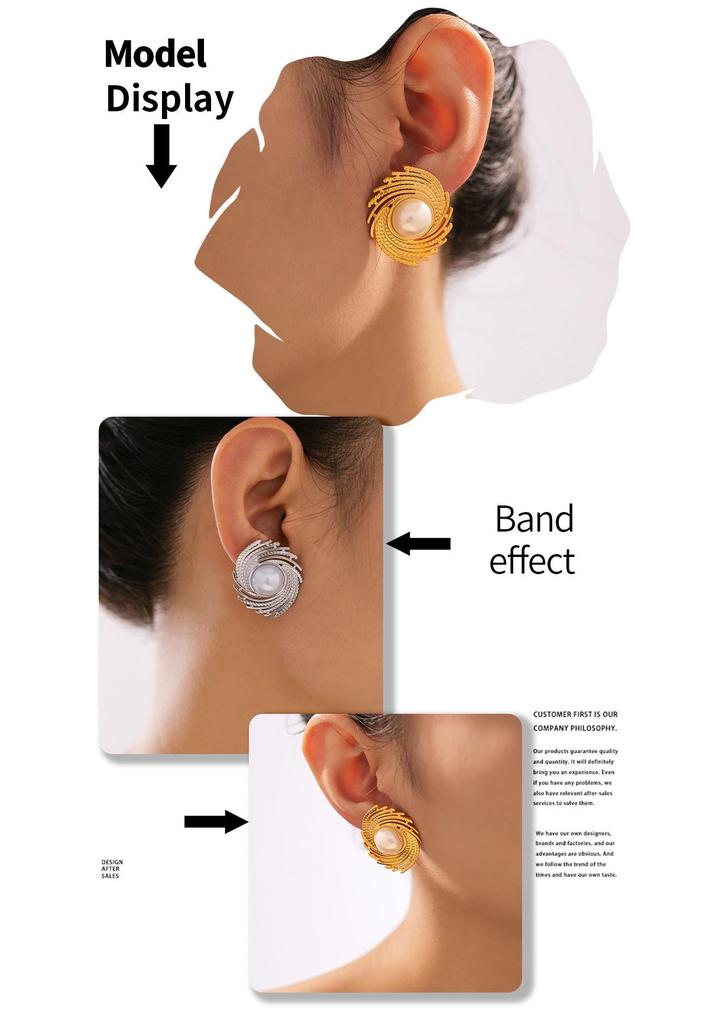 Geometric Thread Inlaid Imitation Pearl Earrings for Women - 18k Gold Plated Titanium Steel with Chic Braided Texture