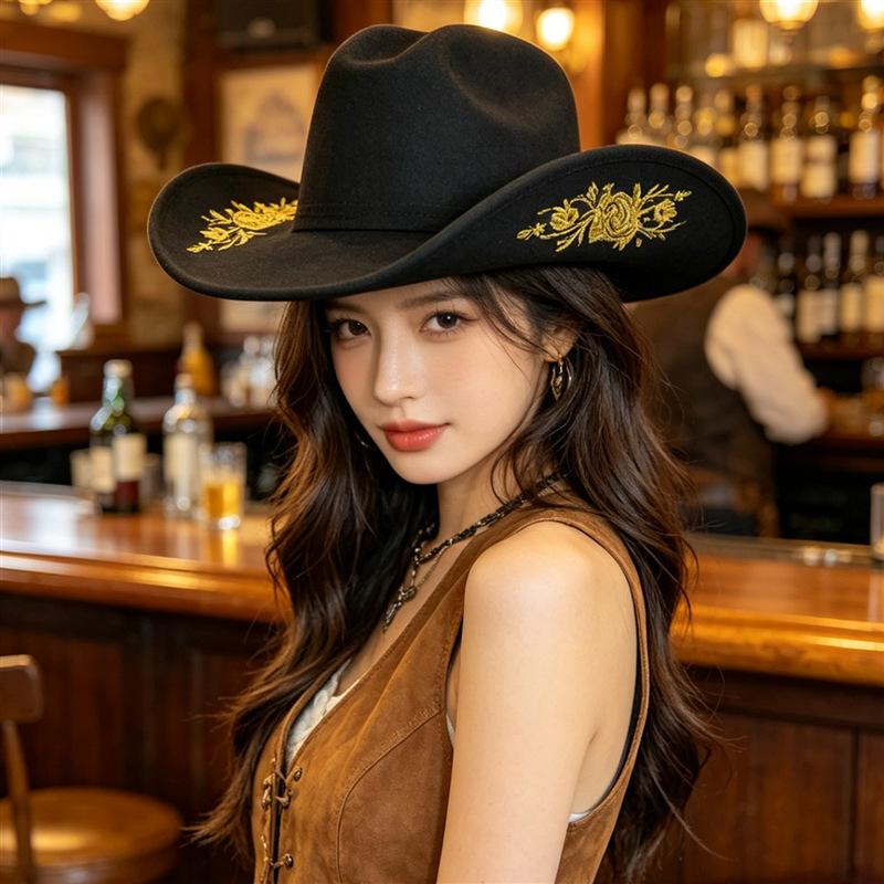 New Straight Hair Exquisite Three-dimensional Embroidered Denim Jazz Hat Outdoor Travel Western Style Suede
