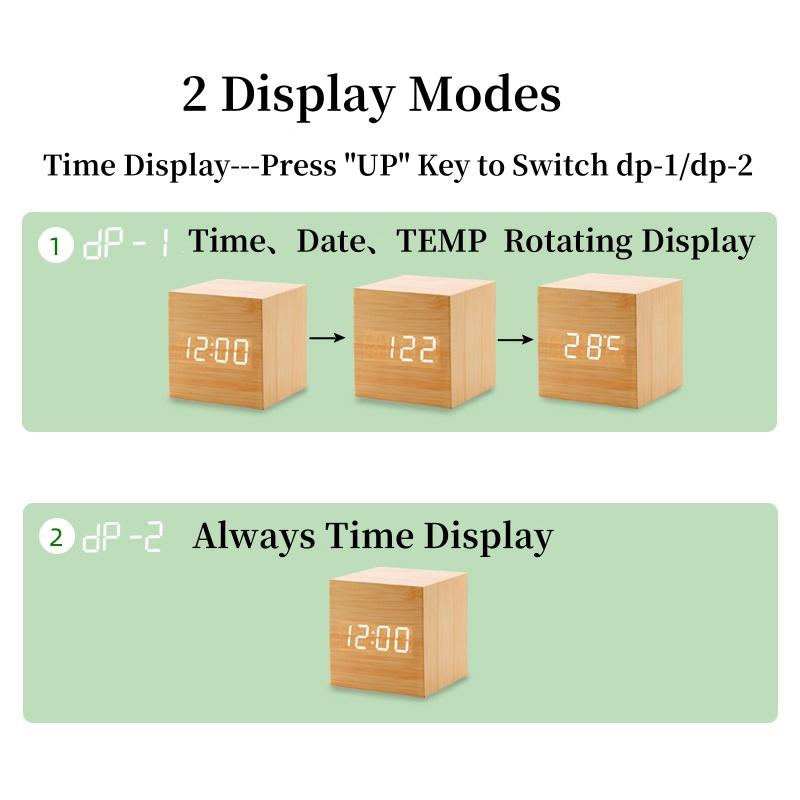 Voice Control Wooden Digital Alarm Clock TEMP Date 3 Alarms Desktop Electronic Table Clock 12/24H USB Powered LED Bedside Clock