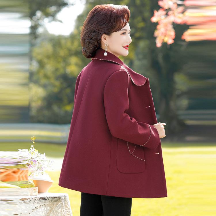 Mom's Autumn and Winter Clothes Fashionable Thickened Woolen Coat 50-year-old Middle-aged and Elderly Women's Temperament Lapel Cotton Woolen Coat