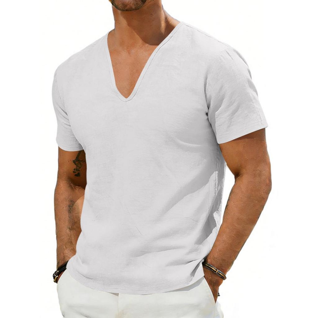 Men's New Beach Short-sleeve Casual Color Loose Deep V-neck Linen Top
