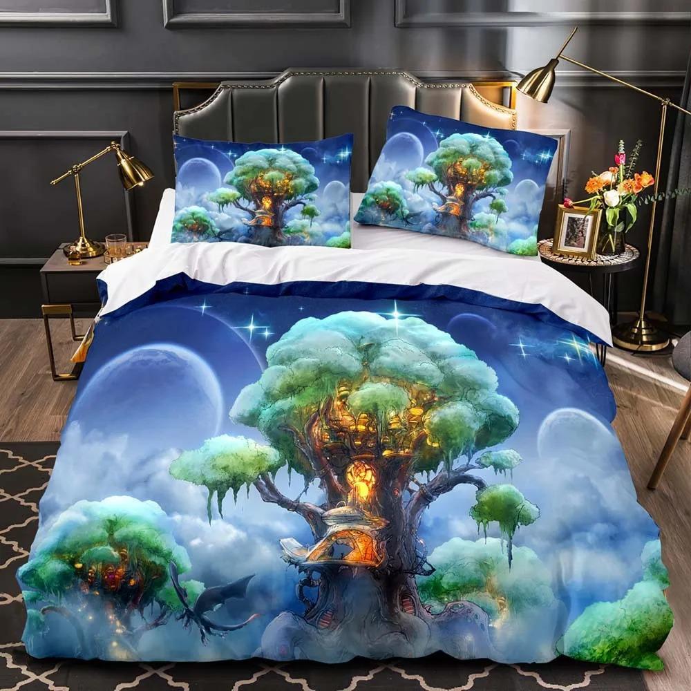 Bettwäscheset mit Feenmotiv, Fantasy-Schloss, Bettbezug-Set, King- und Queen-Size-Größe, magisches Königreich, Elfenbäume, Polyester-Bettbezug für Kinder