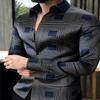 Men Geometric Optical Illusion Print Long Sleeve Shirt Stripe Square Pattern Lapel Button Up Business Casual Dress Shirt