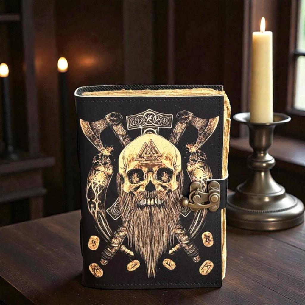 Handmade Viking Leather Journal | 5x7" Rune & Skull Notebook with 200 Deckle Edge Pages | Norse Mythology Diary for Men | Warrior Vintage Writing Book
