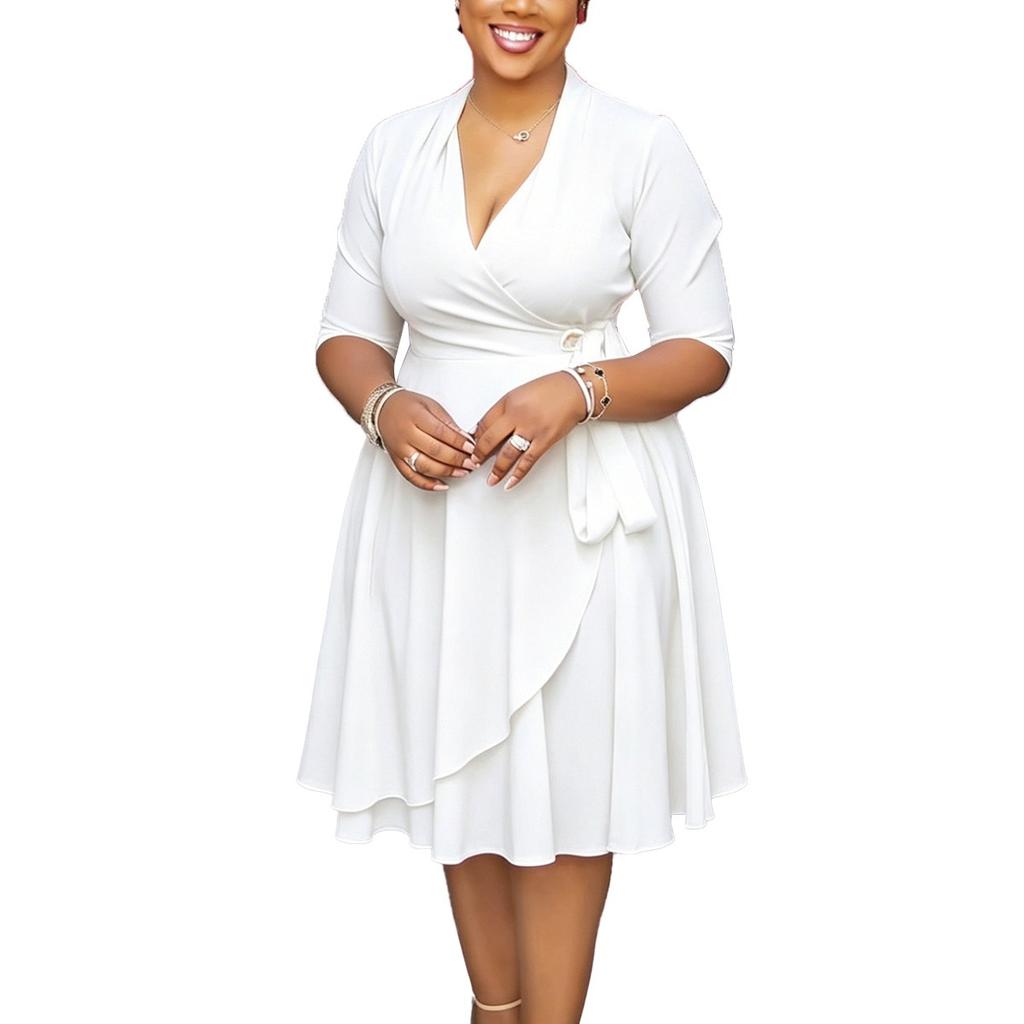 Plus Size Solid Color Tie Waist V Neck Half Sleeve Mid Length Dress