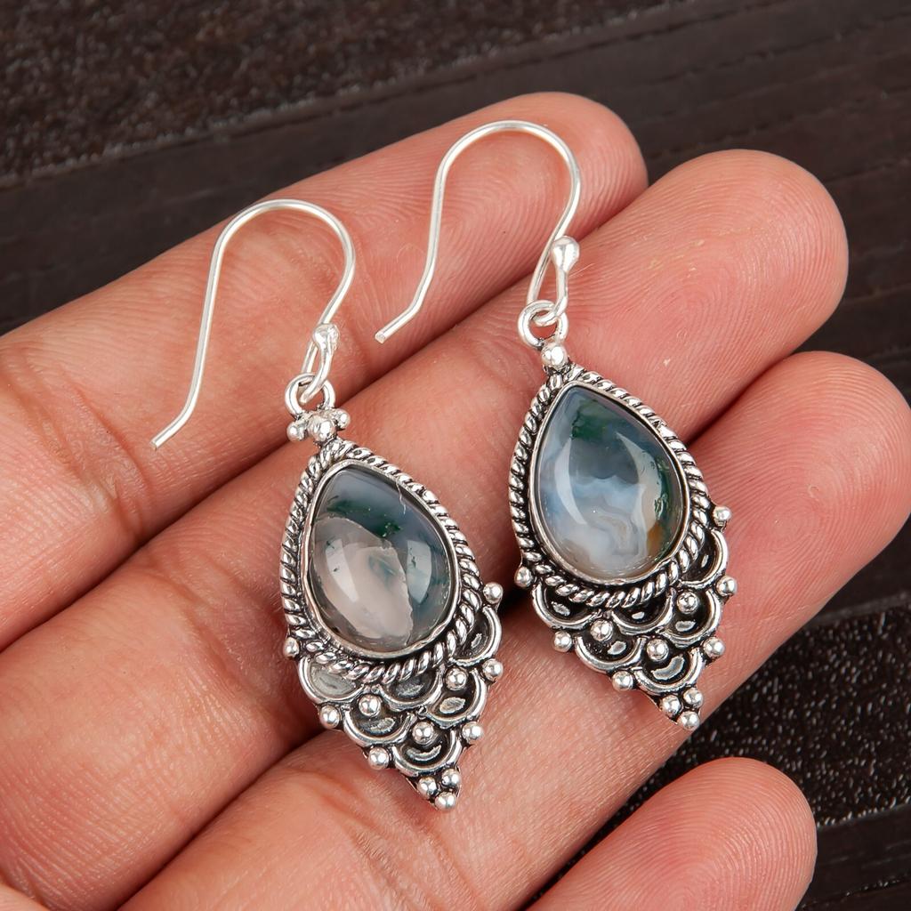 Moss Agate Gemstone 925 Sterling Silver Jewelry Handmade Earrings Wedding Gift EE-85-28