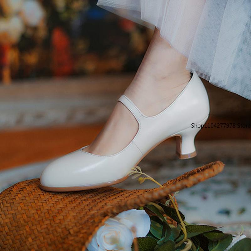 Fashion 2025 Retro Women Mary Jane Shoes Modern Classic Tango Jazz Standard Ballroom Latin Dance Shoes White Satin Heeled