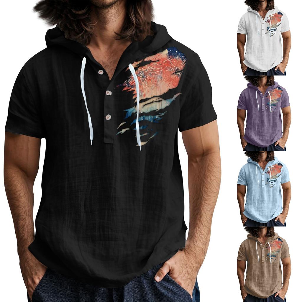 Pánské ležérní tričko s krátkým rukávem a kapucí, s rozhalenkou na knoflíky