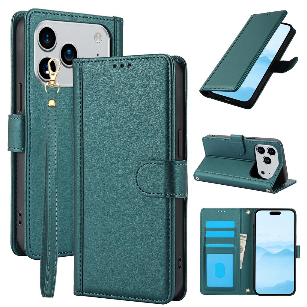 For iPhone 17 Pro Max Case PU Leather Stand View Phone Wallet Cover with Hand Strap