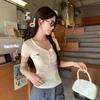 Summer New Korean Version of Shoulder Button Design Embroidery Short-sleeve T-shirt Female Slim-fit Student V-neck Top Trend