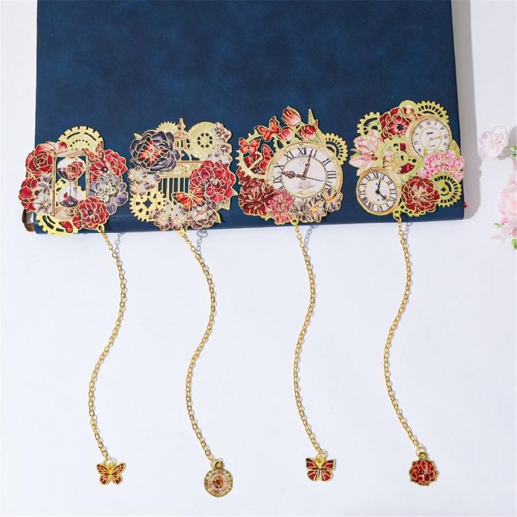 Creative Book Markers Flower & Clock Bookmarks with Pendant Chain Page Markers Retro Bookmarks for Students Teachers