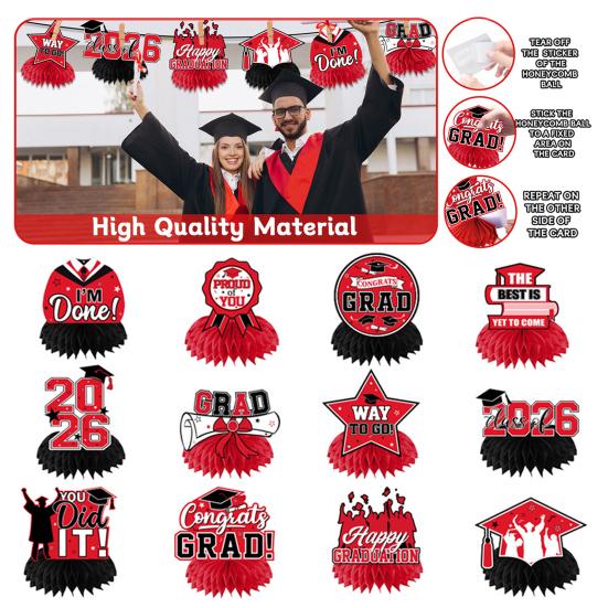 12Pcs 2026 Graduation Honeycomb Decor 3D Honeycomb Centerpieces for Commencement Party Red & Black Theme Bachelor Cap Party Decor for Table Decor &
