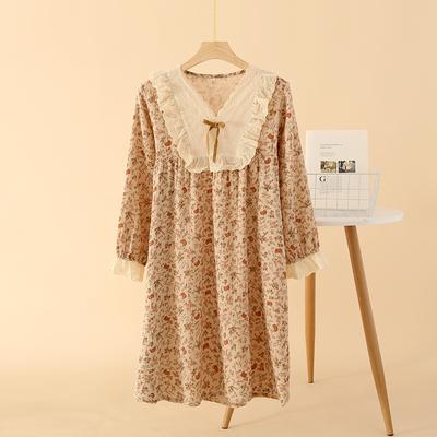 100% Cotton Crepe Nightgowns for Women Spring / Summer Long-sleeved Home Skirts Soft Retro Loose Loungewear Thin Pajamas