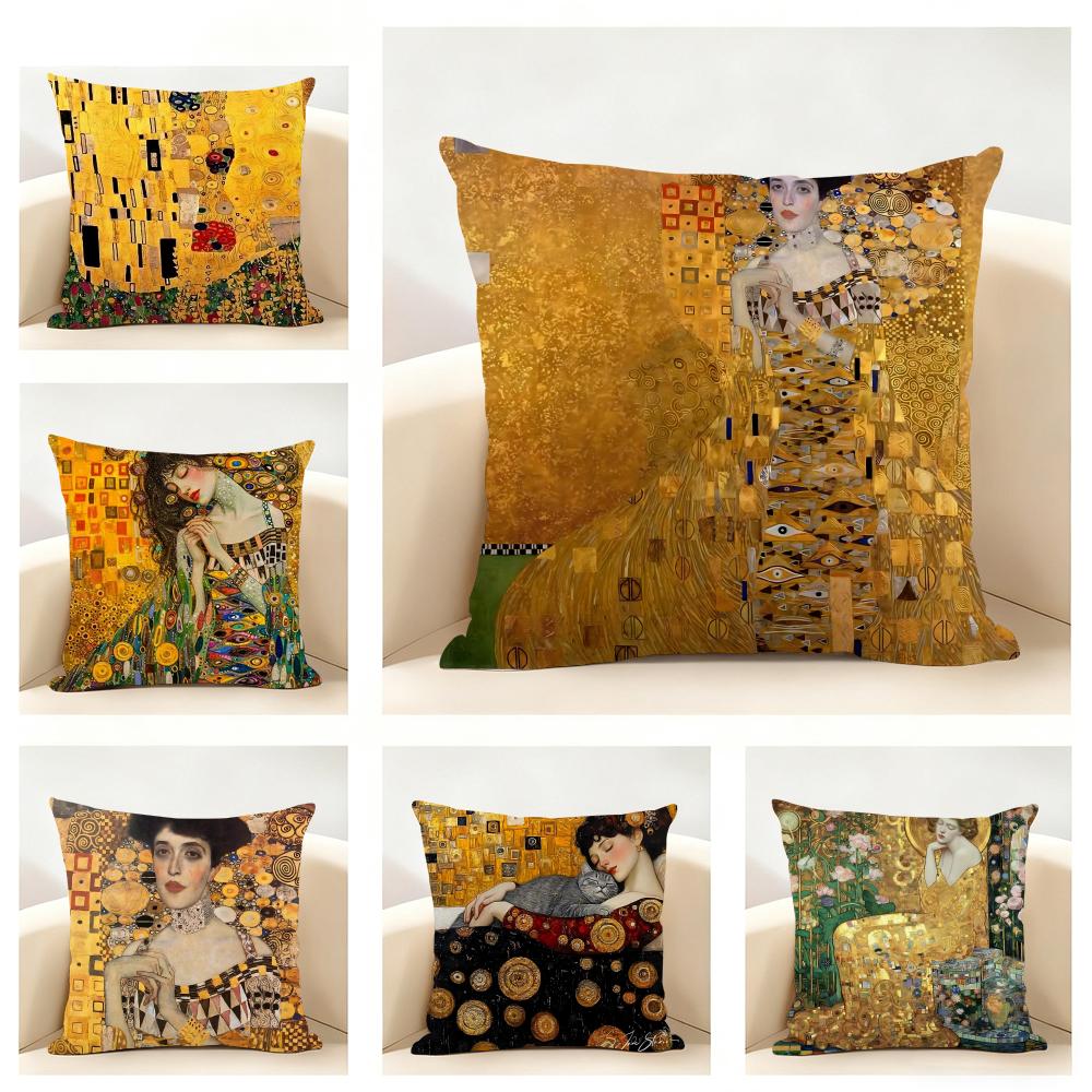Art Luxurious Gustav Klimt Oil Painting Cushion Cover Linen Pillowcase Soft For Sofa Bed Home Room Decor