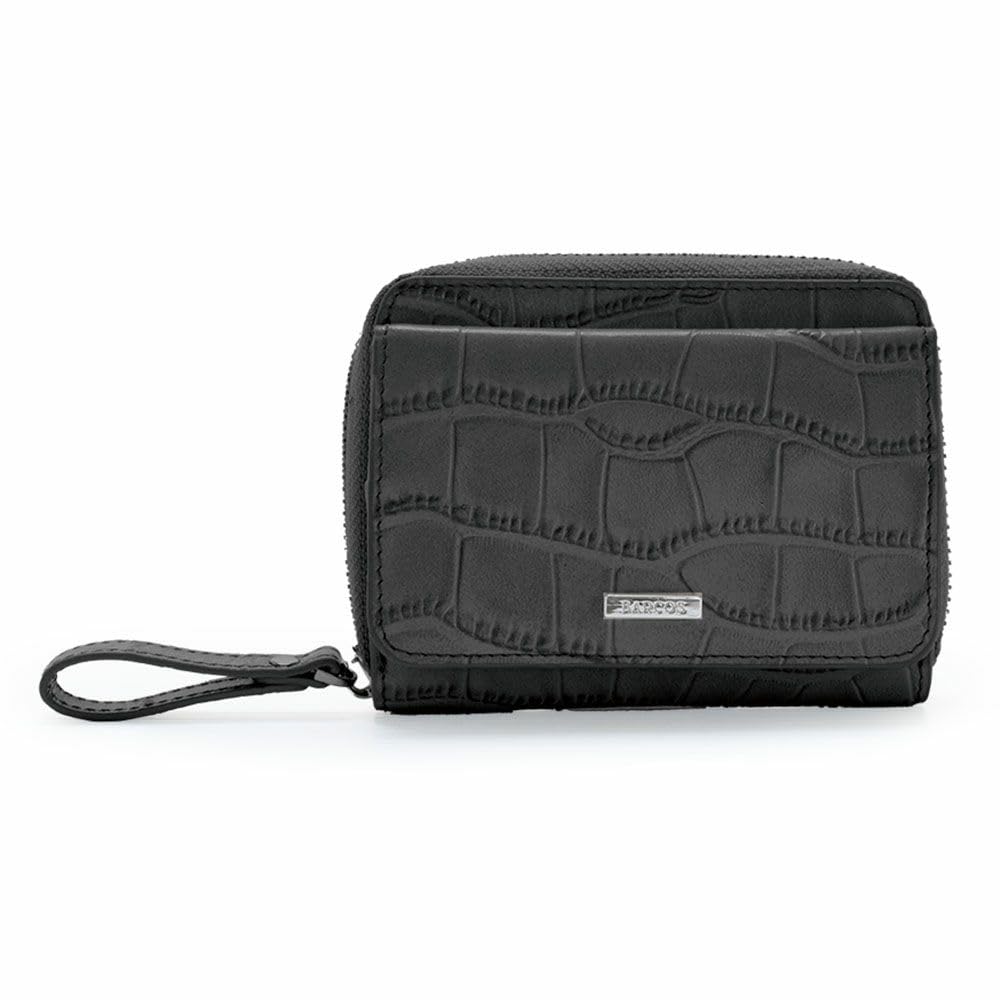 

[Barcos] Accordion Bifold Wallet, Matte Leather, Crocodile Embossed, Card Slots, Trendy Muted Color, Black