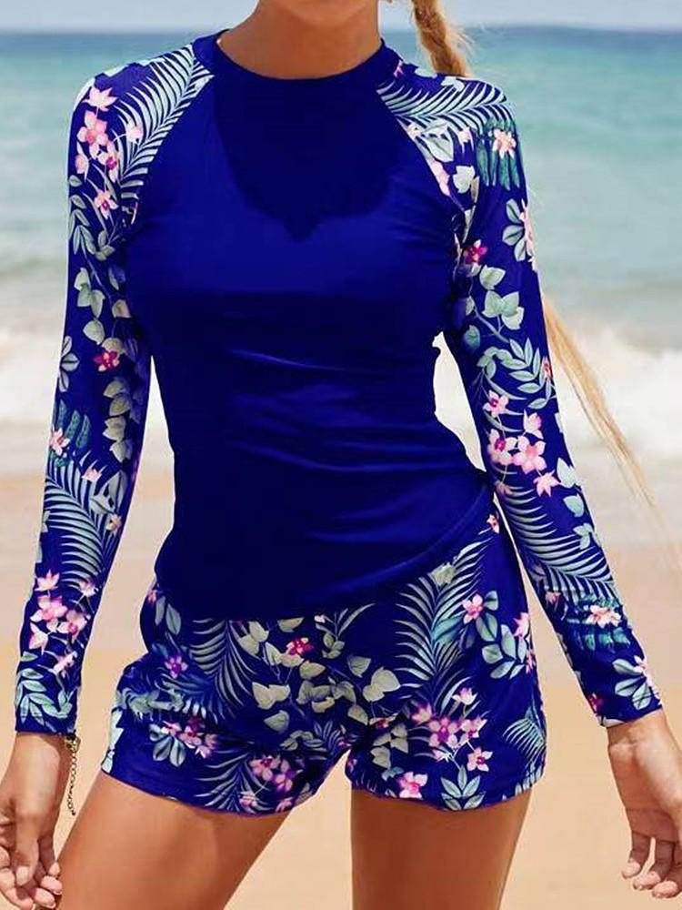 Long-Sleeve European & American Digital Print Conservative Women's Bikini Swimsuit