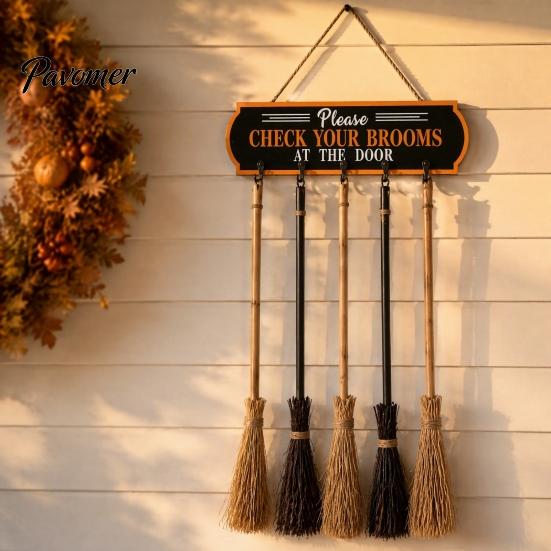 Halloween Home Decor Broom Parking Sign, Check Your Brooms Wooden Wall Hanging Sign Witch with Hooks for Indoor Outdoor Front Porch Creative