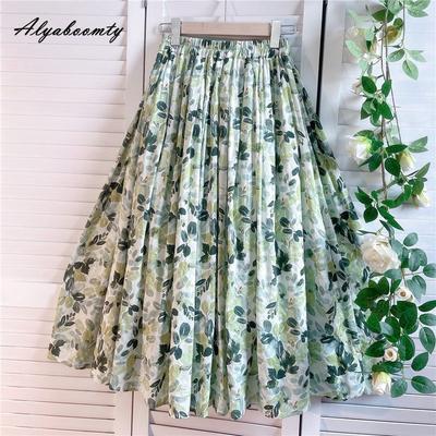 Prairie Chic Frühling Sommer Damen Midi Rock Hoher Bund Grüner Blumendruck Frischer Rock Baumwolle Vintage Damen A-Linienrock