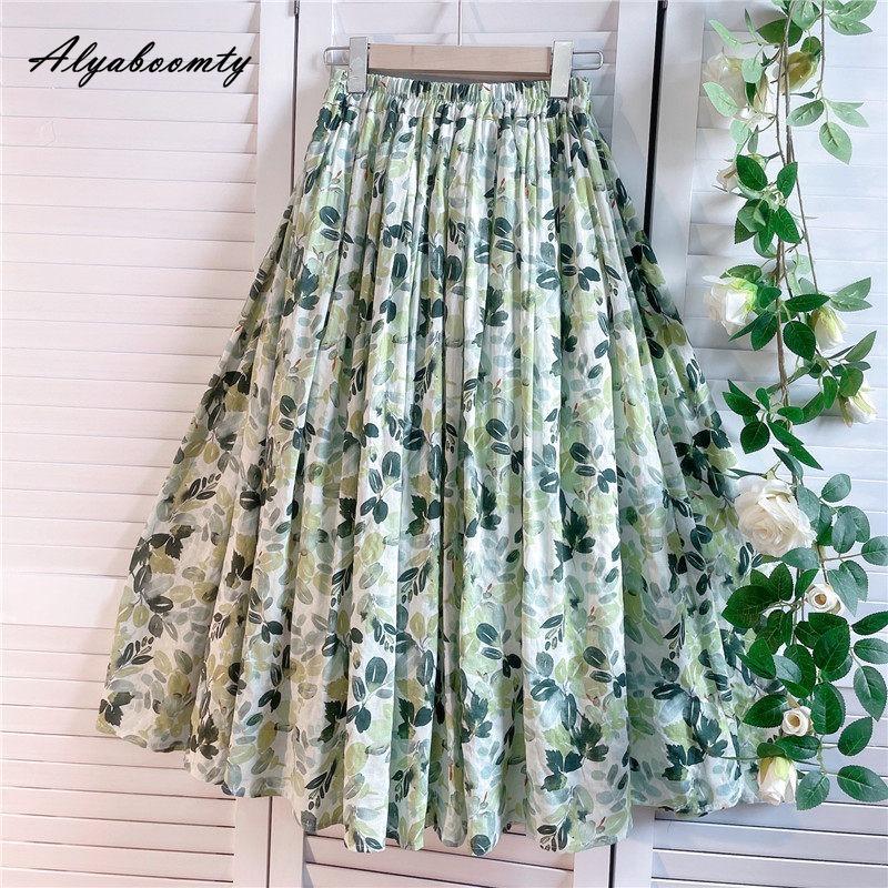 Prairie Chic Spring Summer Women Midi Skirt High Waist Green Floral Print Fresh Skirt Cotton Vintage Ladies' A-Line Skirt