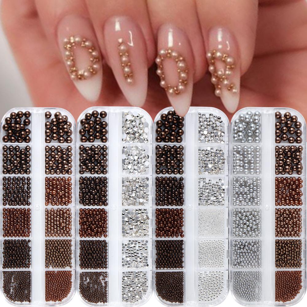 Nail Art Jewelry, Maillard Color Pearl Flat-Bottomed Diamond Steel Ball Diy Nail Jewelry Mixed