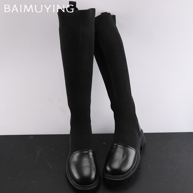 Winter Chunky Women High Boots Knitting Mid Heels Designer Shoes 2025 New Trend Classic Goth Knee High Motorcycle Botas De Mujer