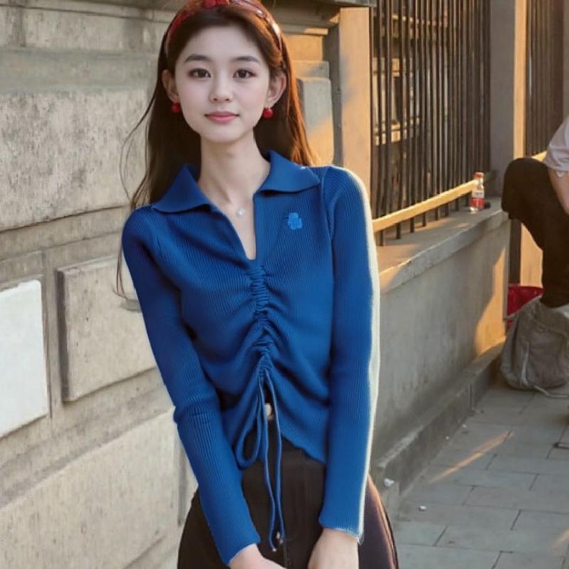 A New Large-sized Irregular Drawstring Top for Women's Autumn Wear with A Polo Collar and Shoulder