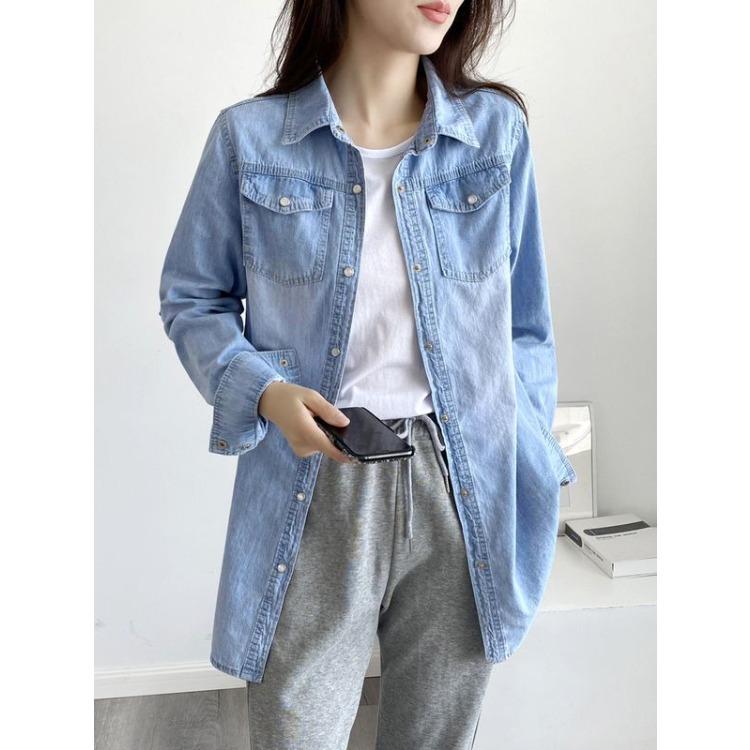 Fashionable Shirt Women Mid Length Cotton Korean Style Loose Fit Long Sleeve Blouse Spring Autumn Outerwear