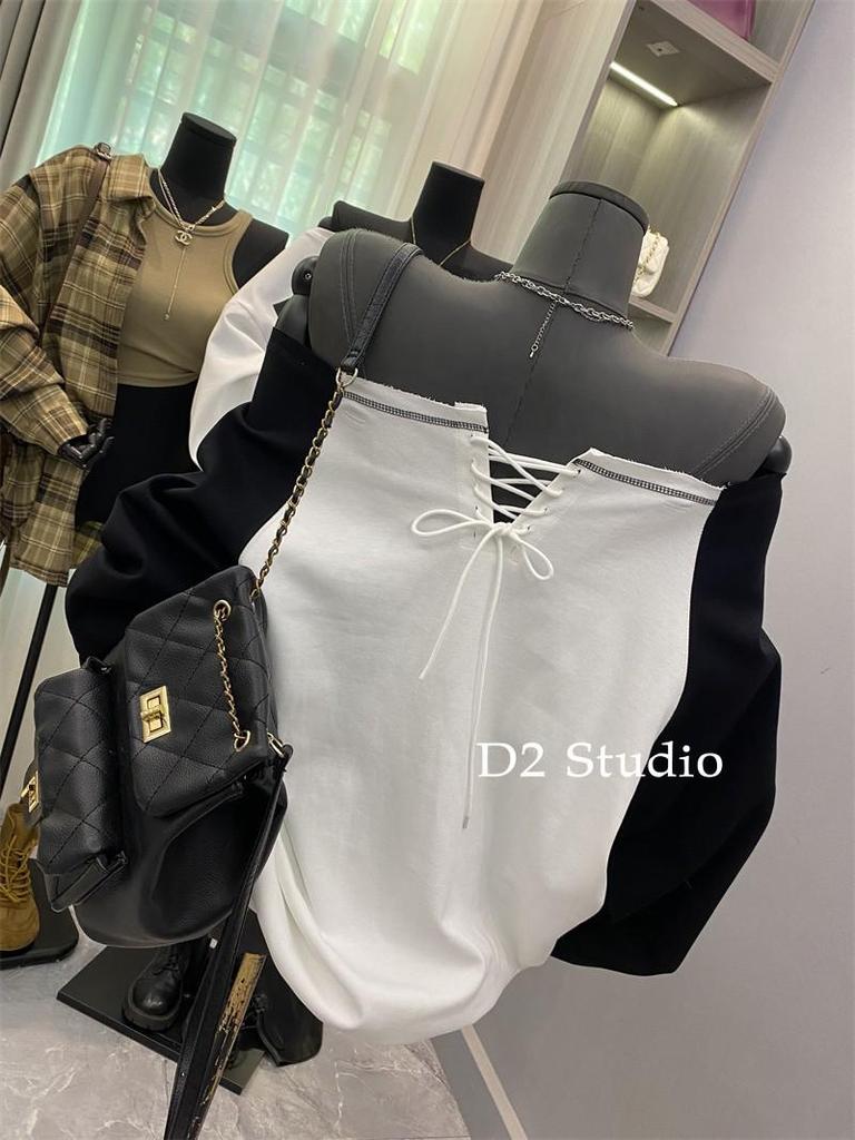 Korejská barevně blokovaná mikina s dlouhým rukávem na zavazování se syrovým okrajem pro ženy