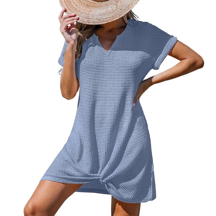 Women's Summer New Beach Dress V-Neck Knotted Cover-Up Ruffle Dress In Stock