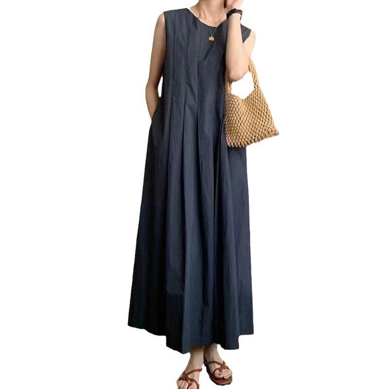 Summer Round Neck Pleated Sleeveless Vest Dress