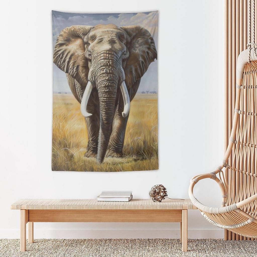 African Savannah Elephant Tapestry Realistic Oil Painting Style Wall Hanging Living Room, Study, Bed & Breakfast Decor