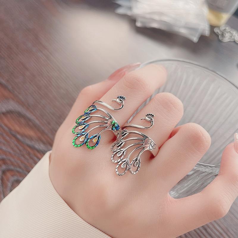 Adjustable Open Ring Men Women Vintage Ethnic Peacock Design Copper Plated Retro Boho Finger Jewelry