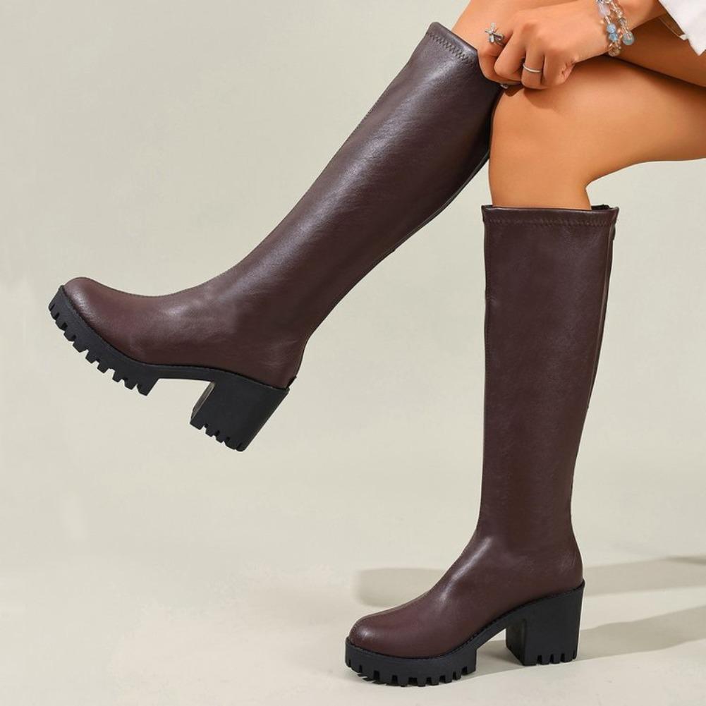 Autumn And Winter New Round Head Thick Sole Retro Heightening Mid-Calf Boots With Velvet Warm And Comfortable Fashion Show Boots