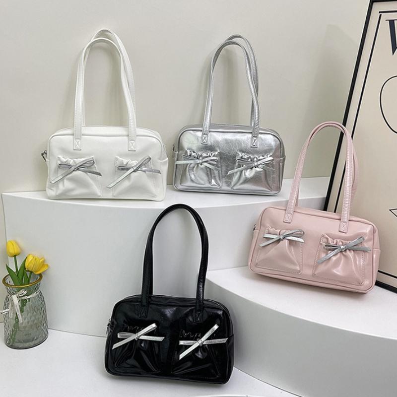 Simple Bow Women Bowling Shoulder Bags Thread Design Commuter Ladies Handbags Tote Solid Color College Style Girls Underarm Bag