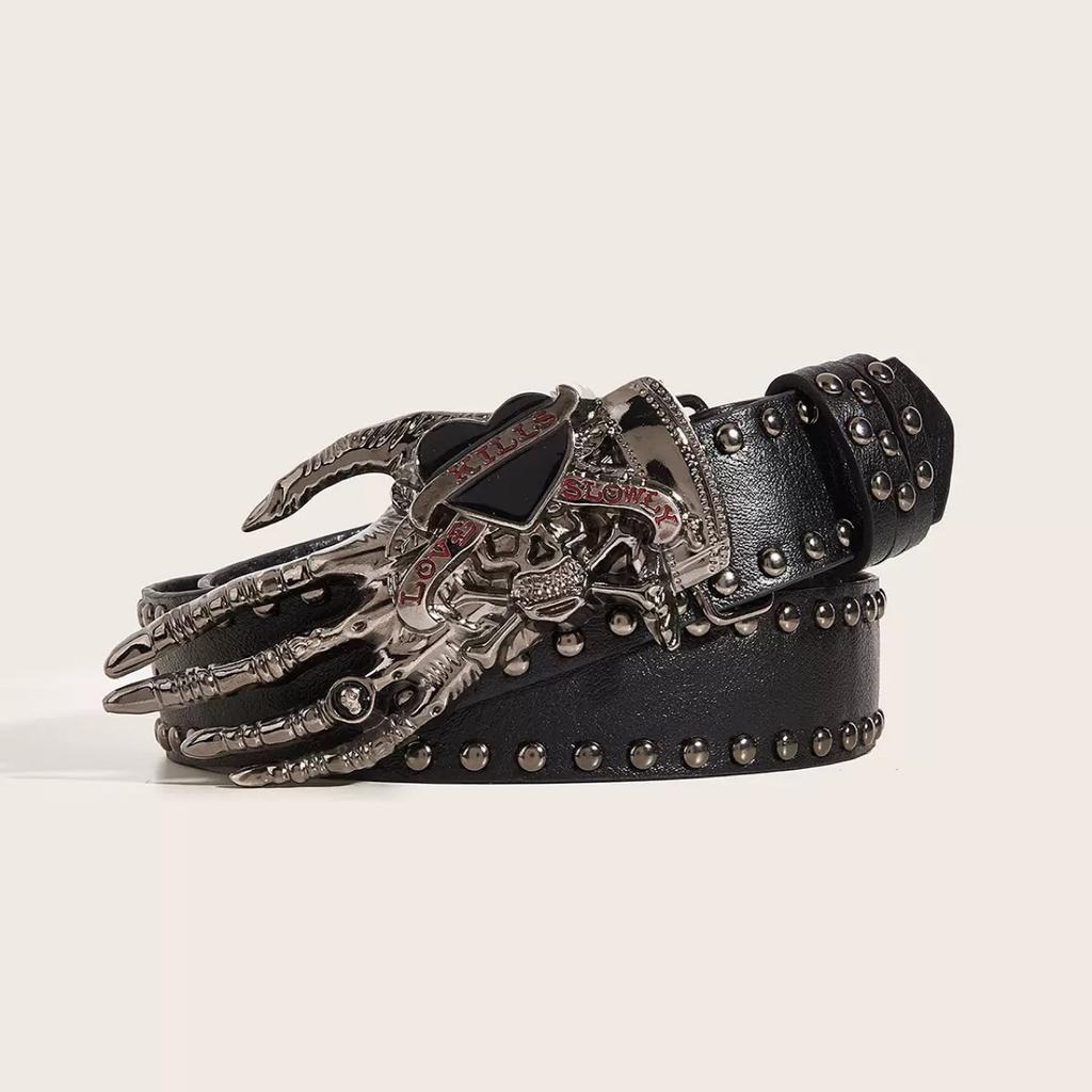 Women's Punk Skull Belt Harajuku Gothic Y2K Rivets Skeleton Hand Decoration Belt Men Girls Leather Belt Halloween Accessories