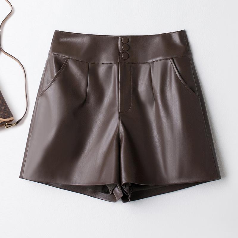 

Autumn 2025 High Waist Women s PU Leather Shorts: Korean Style, Loose, Plus Size, Straight Leg Casual Pants L кофейный/золотой