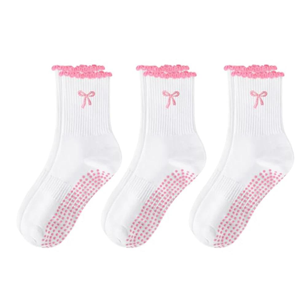 

3 Pairs of Anti-slip Grip Pilates Socks Pure Cotton Breathable Yoga Socks High Elasticity Sweat-absorbing Mid-calf Socks