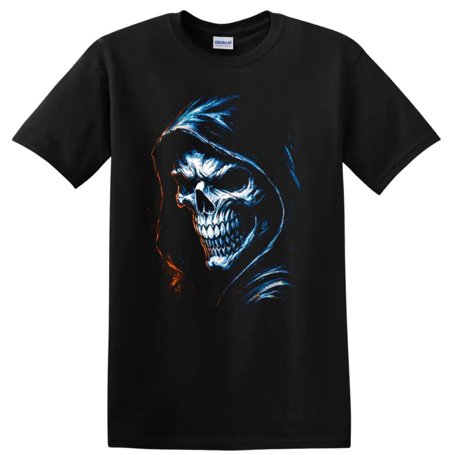 Skull T Shirt Blue Grim Reaper Gothic Horror Halloween Graphic Print Art Tee
