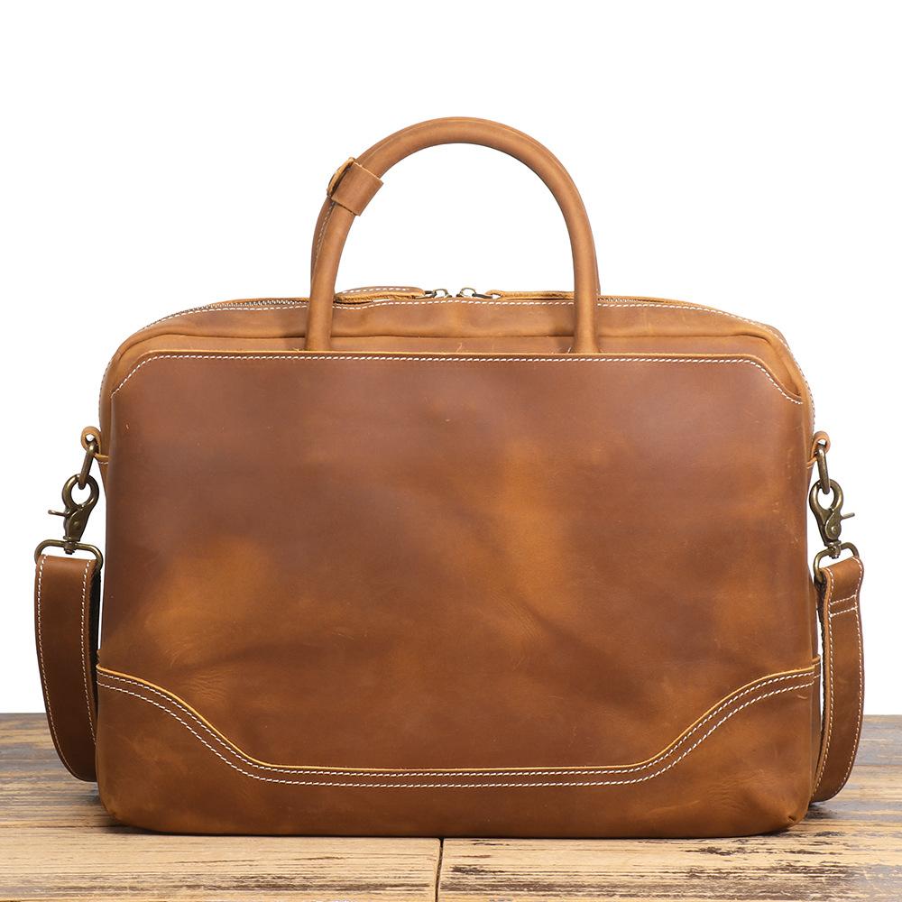 Retro Men'S Genuine Leather Handheld Briefcase Crazy Horse Leather Shoulder Messenger Computer Bag Large Capacity Cowhide Business Bag