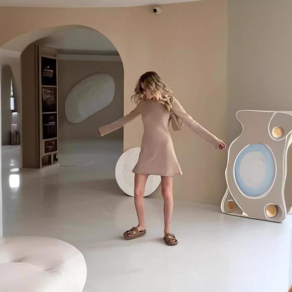 Herfst 2024 Dames Effen Kleur Ronde Hals Lange Mouwen Casual Jurk