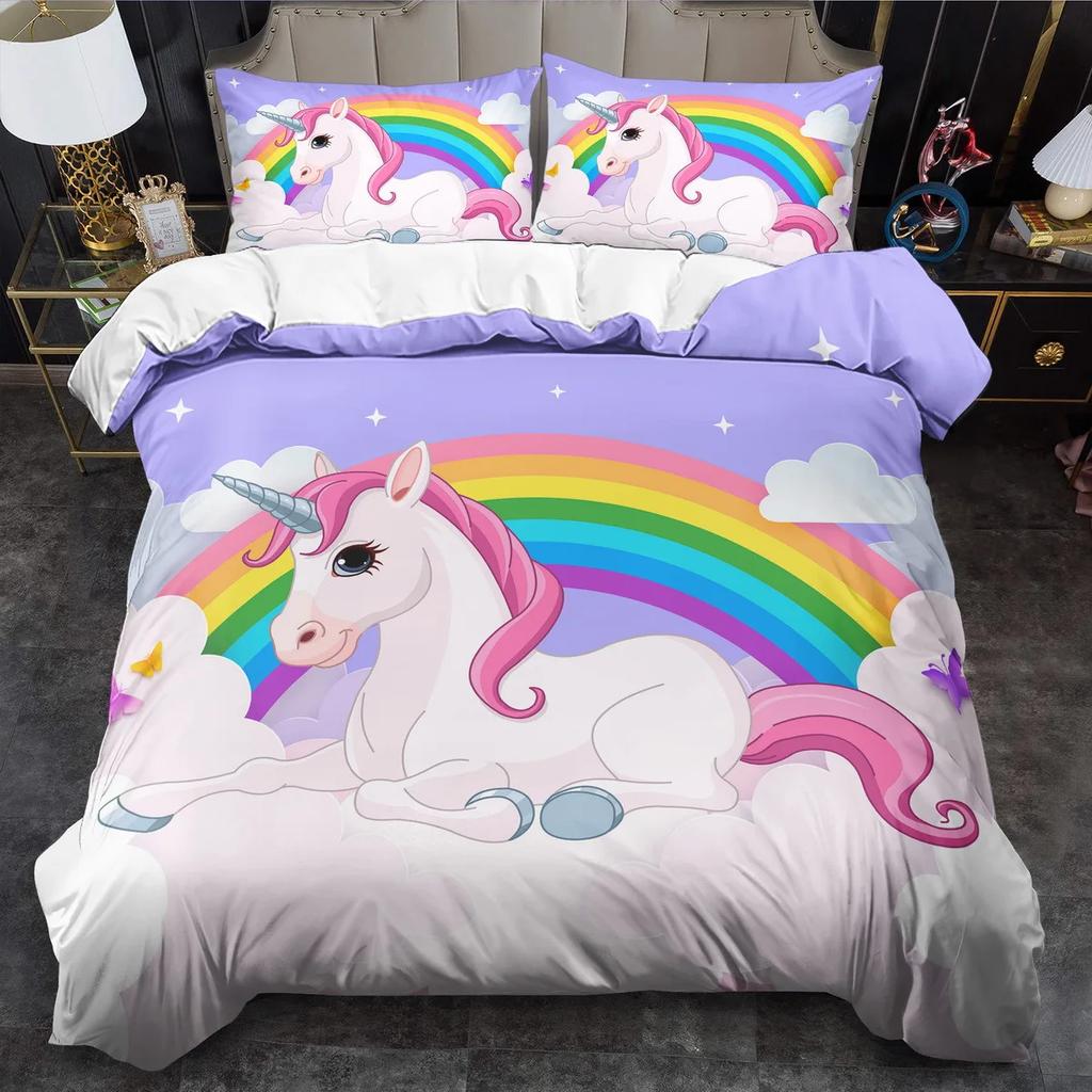 Unicorn Theme Duvet Cover Set - 2/3pcs Soft Comfortable Breathable Rainbow Unicorn Print Bedding Set Fantasy Animal Print
