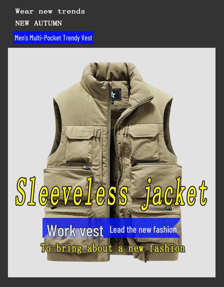 Men's Fleece-Lined Multi-Pocket Vest: Outdoor Down Cotton Photography Gilet, Plus Size, Trendy Dad Style