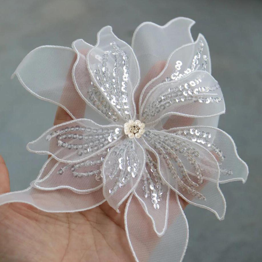 

1 шт. Черно-белый 3D цветок двухслойная сетка хрустальные бусины вышитые нашивки с бусинами аппликация украшение для свадебного платья белый